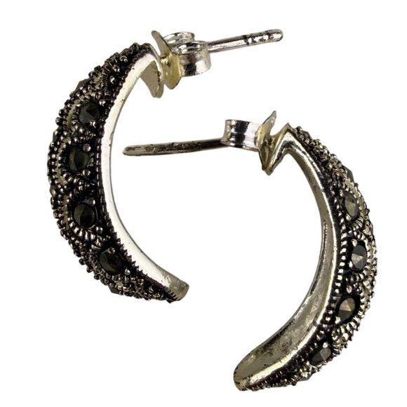 Vintage 925 Sterling Silver Womens Black Marcasite Textured Hoop Earrings - Picture 2 of 5